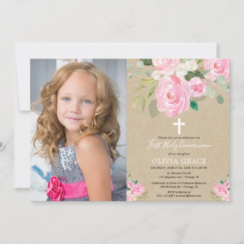 Rustic floral girl holy communion blush pink photo invitation