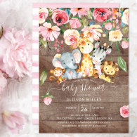 Rustic Floral Girls Safari Animals Baby Shower Invitation