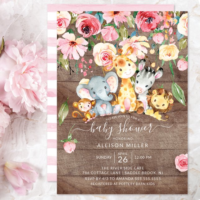 Rustic Floral Girls Safari Animals Baby Shower Invitation (Creator Uploaded)
