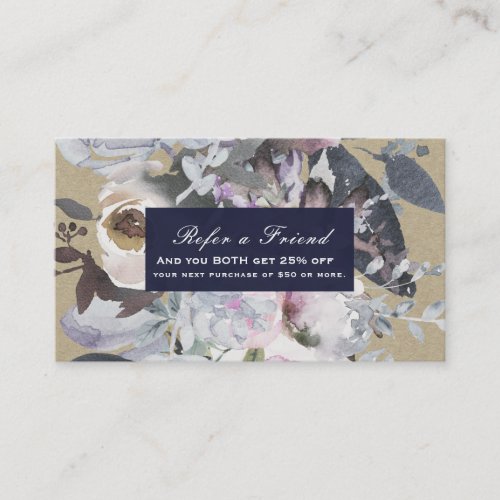 Rustic Floral Glam Navy Kraft Chic Refer a Friend Referral Card