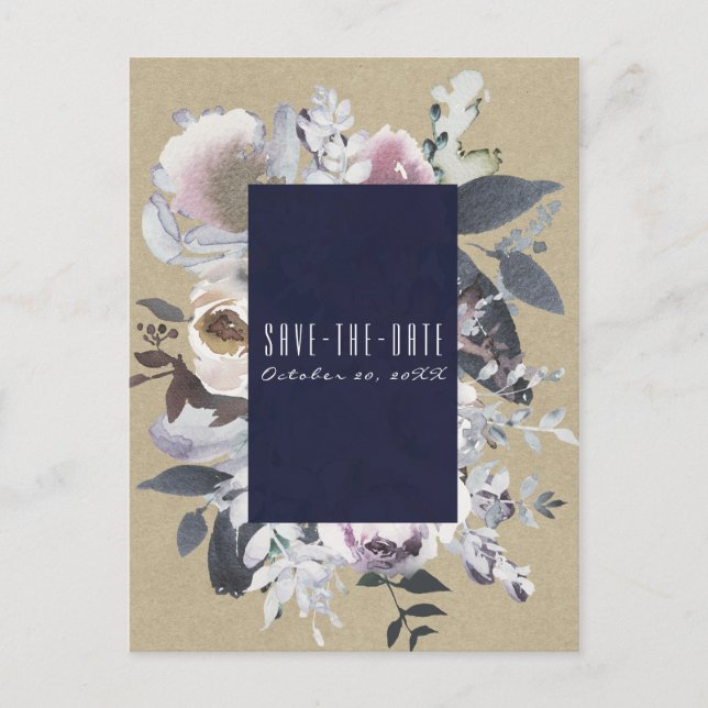 Rustic Floral Glam Navy Kraft Save the Date Announcement Postcard (Front)