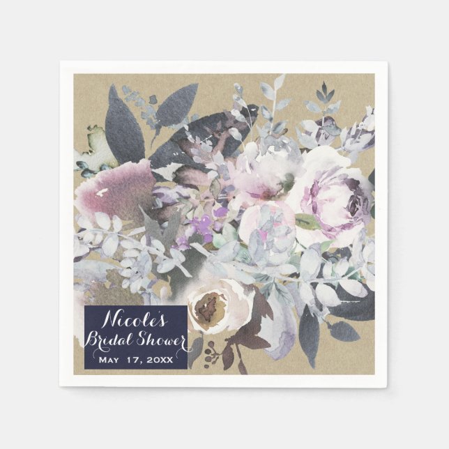 Rustic Floral Glam Navy Kraft Wedding Bridal Chic Paper Napkins (Front)