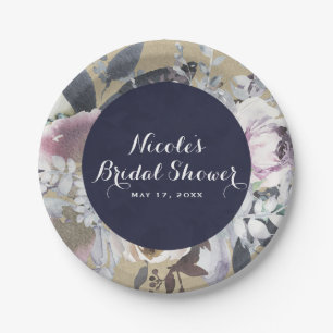 Rustic Floral Glam Navy Kraft Wedding Bridal Chic Paper Plates