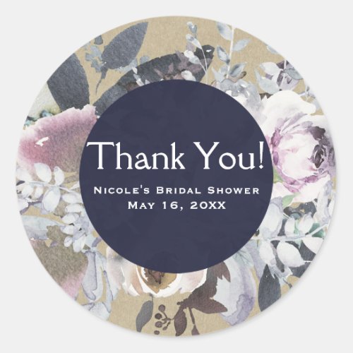 Rustic Floral Glam Navy Kraft Wedding Bridal Favor Classic Round Sticker