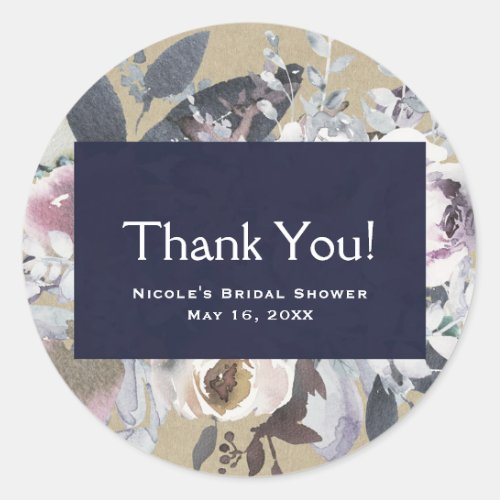 Rustic Floral Glam Navy Kraft Wedding Bridal Favor Classic Round Sticker