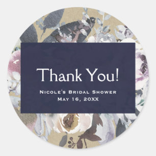 Rustic Floral Glam Navy Kraft Wedding Bridal Favor Classic Round Sticker