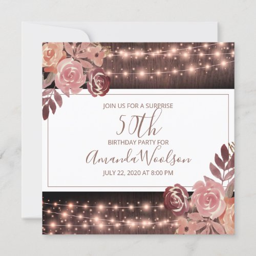 Rustic Floral Glowing String Lights Birthday Party Invitation