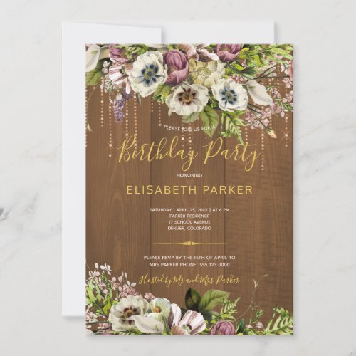 Rustic floral gold barn wood fall birthday party invitation