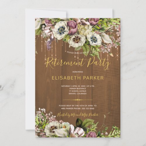 Rustic floral gold barn wood fall retirement party invitation