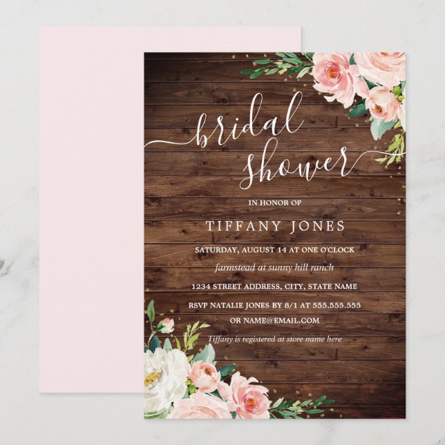Rustic Floral Gold Blush Bridal Shower Invitation (Front/Back)
