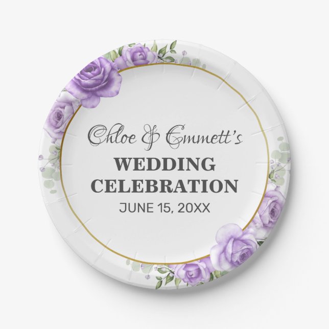 Rustic Floral Gold Border Light Purple Rose Weddin Paper Plates (Front)