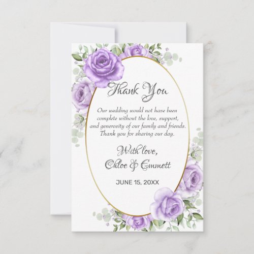 Rustic Floral Gold Border Light Purple Rose Weddin Thank You Card