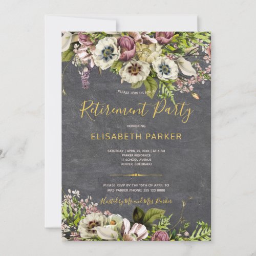 Rustic floral gold chalkboard retirement party invitation