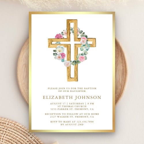 Rustic Floral Gold Eucalyptus Wood Cross Baptism Invitation