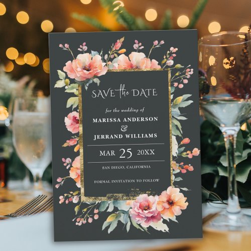 Rustic Floral Gold Frame Photo Save the Date Card