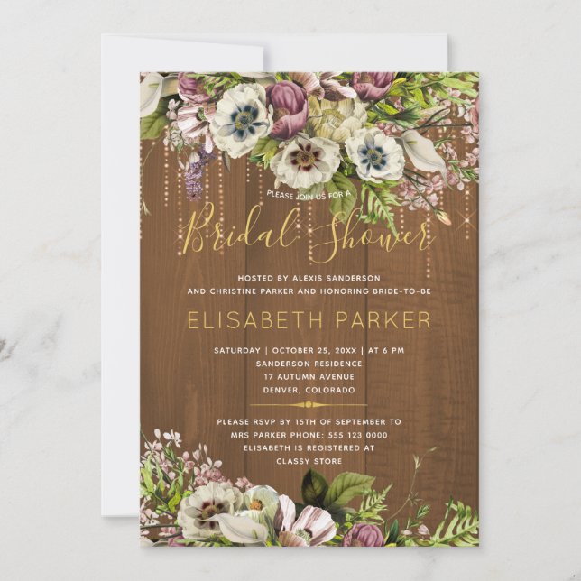 Rustic floral gold ivory wood fall bridal shower invitation (Front)