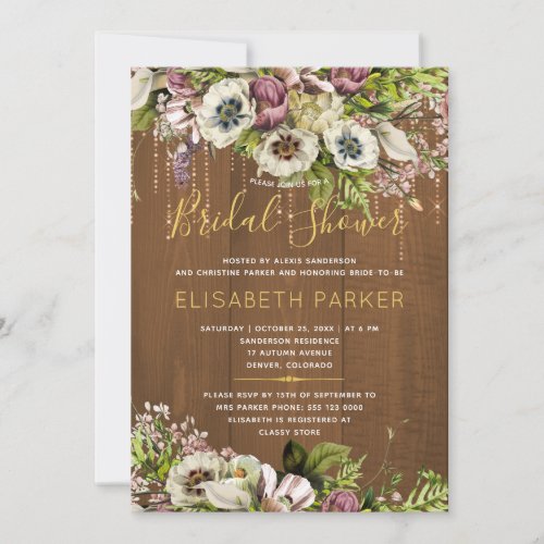 Rustic floral gold ivory wood fall bridal shower invitation