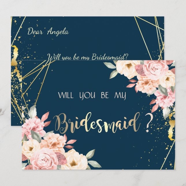 Rustic Floral, Gold Navy Blue  Bridesmaid Card (Front/Back)