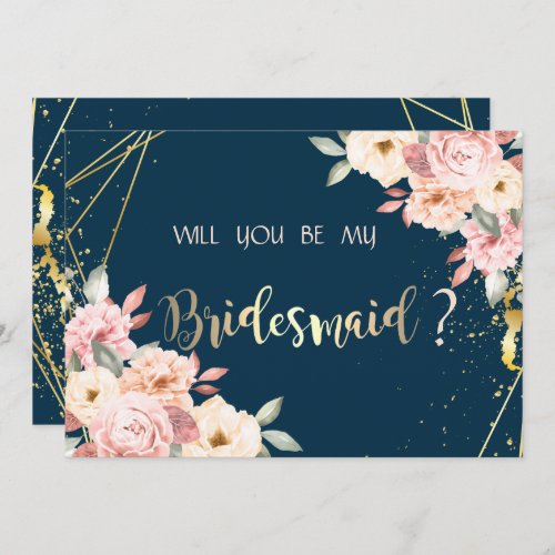 Rustic Floral Gold Navy Blue  Bridesmaid Card