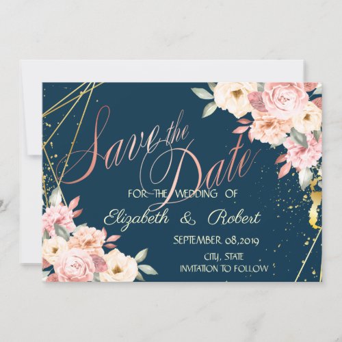 Rustic FloralGold Navy Blue Save The Date