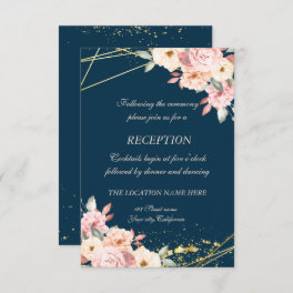 Rustic Floral Gold Navy Blue Wedding Reception Invitation