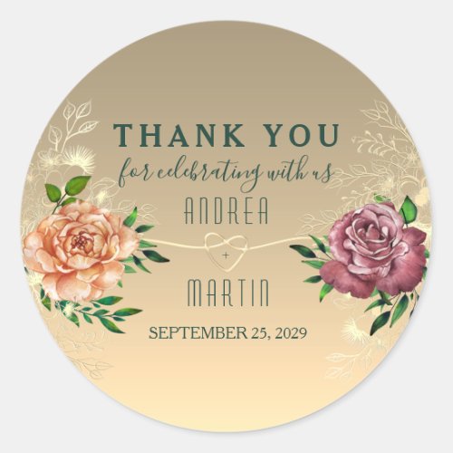 Rustic Floral Gold Wedding Thank You Classic Round Sticker