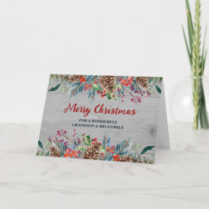 Rustic Floral Grandson & Family Merry Christmas Card