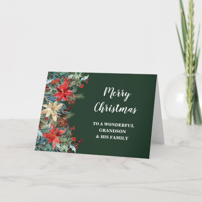 Rustic Floral Grandson & Family Merry Christmas Card (Front)