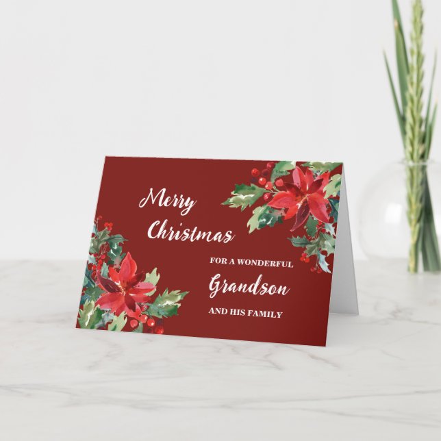 Rustic Floral Grandson & Family Merry Christmas Card (Front)