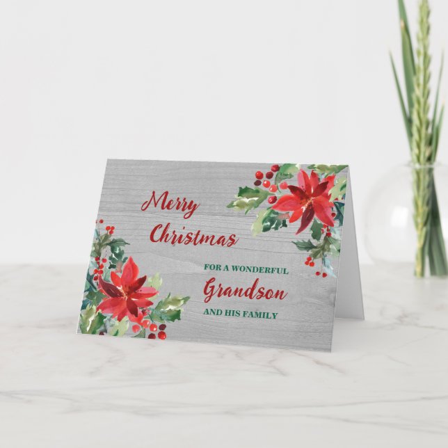 Rustic Floral Grandson & Family Merry Christmas Card (Front)