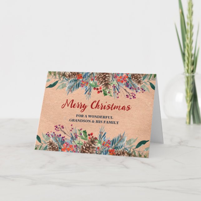 Rustic Floral Grandson & Family Merry Christmas Card (Front)