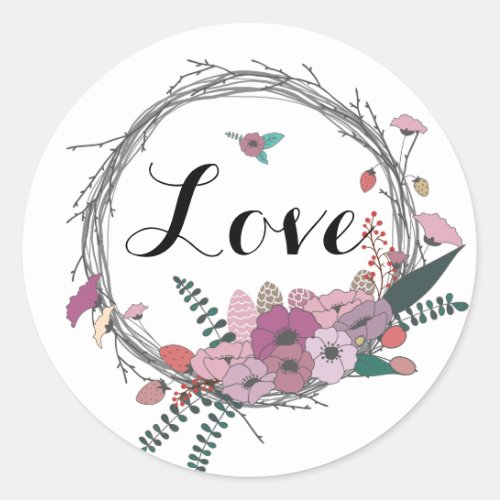 Rustic Floral Grapevine Wreath Love Classic Round Sticker