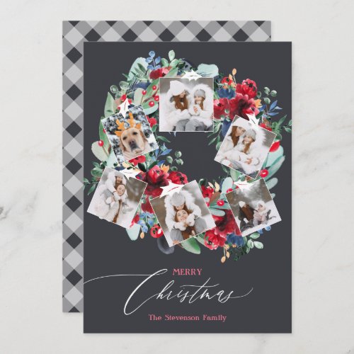 Rustic floral gray 6 photos Christmas wreath Holiday Card
