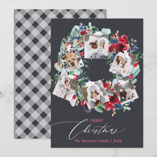 Rustic floral gray Christmas wreath 6 photos Holiday Card (Front/Back)