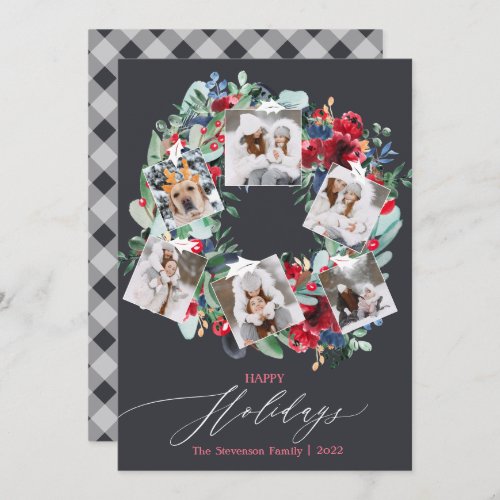 Rustic floral gray Christmas wreath photos happy Holiday Card
