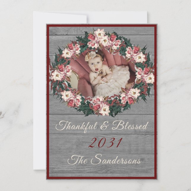 Rustic Floral Gray Wood Burgundy Thankful  Blessed Holiday Card (Front)