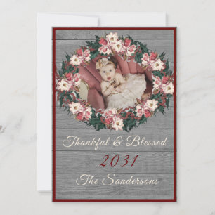 Rustic Floral Gray Wood Burgundy Thankful Blessed Holiday Card
