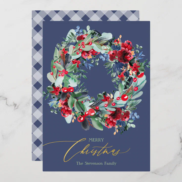 Rustic floral green blue Christmas wreath Foil Holiday Card