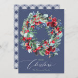 Rustic floral green blue Christmas wreath Holiday Card<br><div class="desc">Celebrate Christmas and the winter season season with this rustic painted red,  navy blue and green botanical wreath with flowers,  holy berries,  pine branches with an editable blue plaid flannel background.</div>