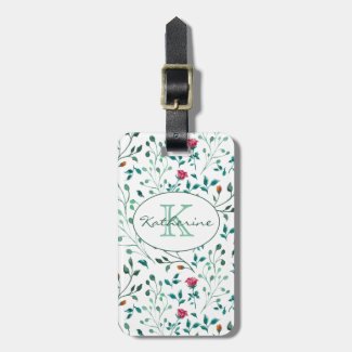 Rustic Floral & Green Foliage Pattern | Monogram Luggage Tag