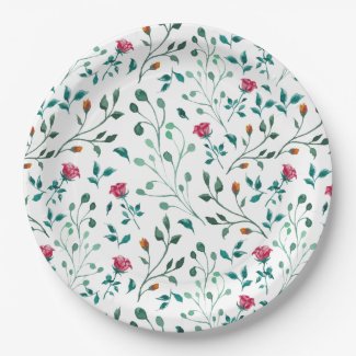 Rustic Floral & Green Foliage Pattern Paper Plates