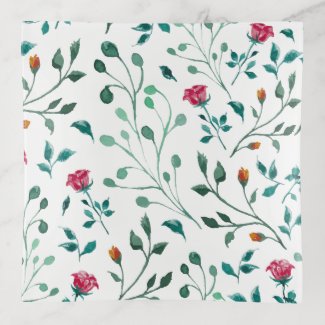 Rustic Floral & Green Foliage Pattern Trinket Tray
