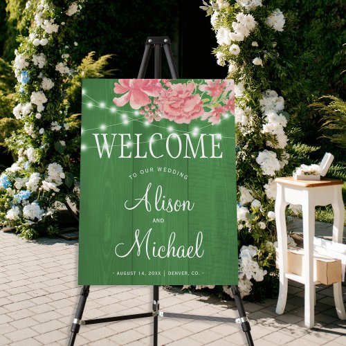 Rustic floral green garden wedding welcome sign