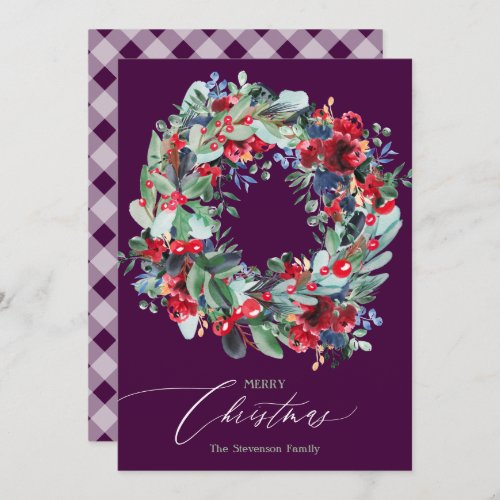 Rustic floral green purple Christmas wreath Holiday Card