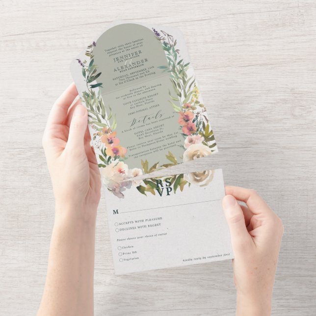 Rustic Floral Green Sage Wedding  All In One Invitation (Tearaway)