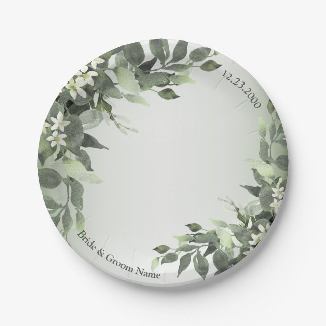Rustic Floral Greenery Eucalyptus Leaves Paper Plates (Front)