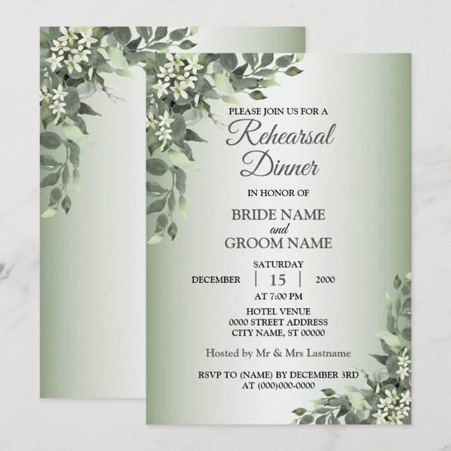 Rustic Floral Greenery Leaves Rehearsal Dinner Invitation (Front/Back)