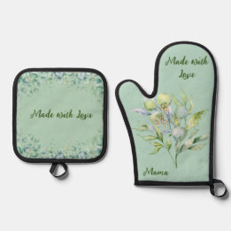 Rustic Floral Greenery Made with Love Oven Mitt & Pot Holder Set