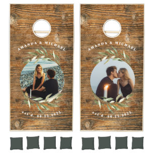 Rustic Floral Greenery Photo Engagement/Wedding Cornhole Set