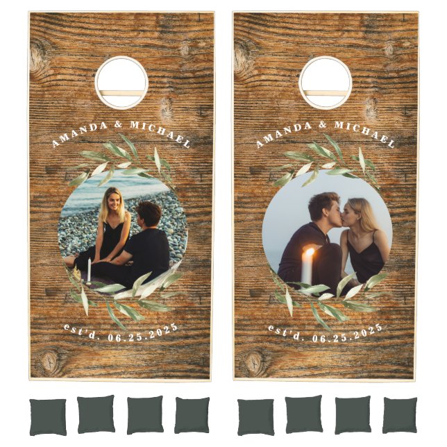 Rustic Floral Greenery Photo Engagement/Wedding Cornhole Set (Set)